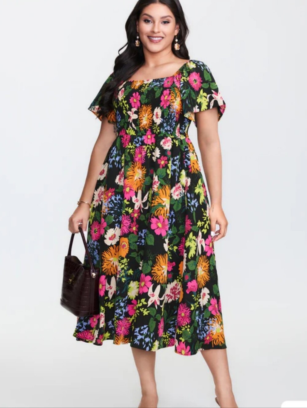 Bloomchic Floral Square Neck shirred Smocked A-Line Midi Dress Pockets Sz 12 euc